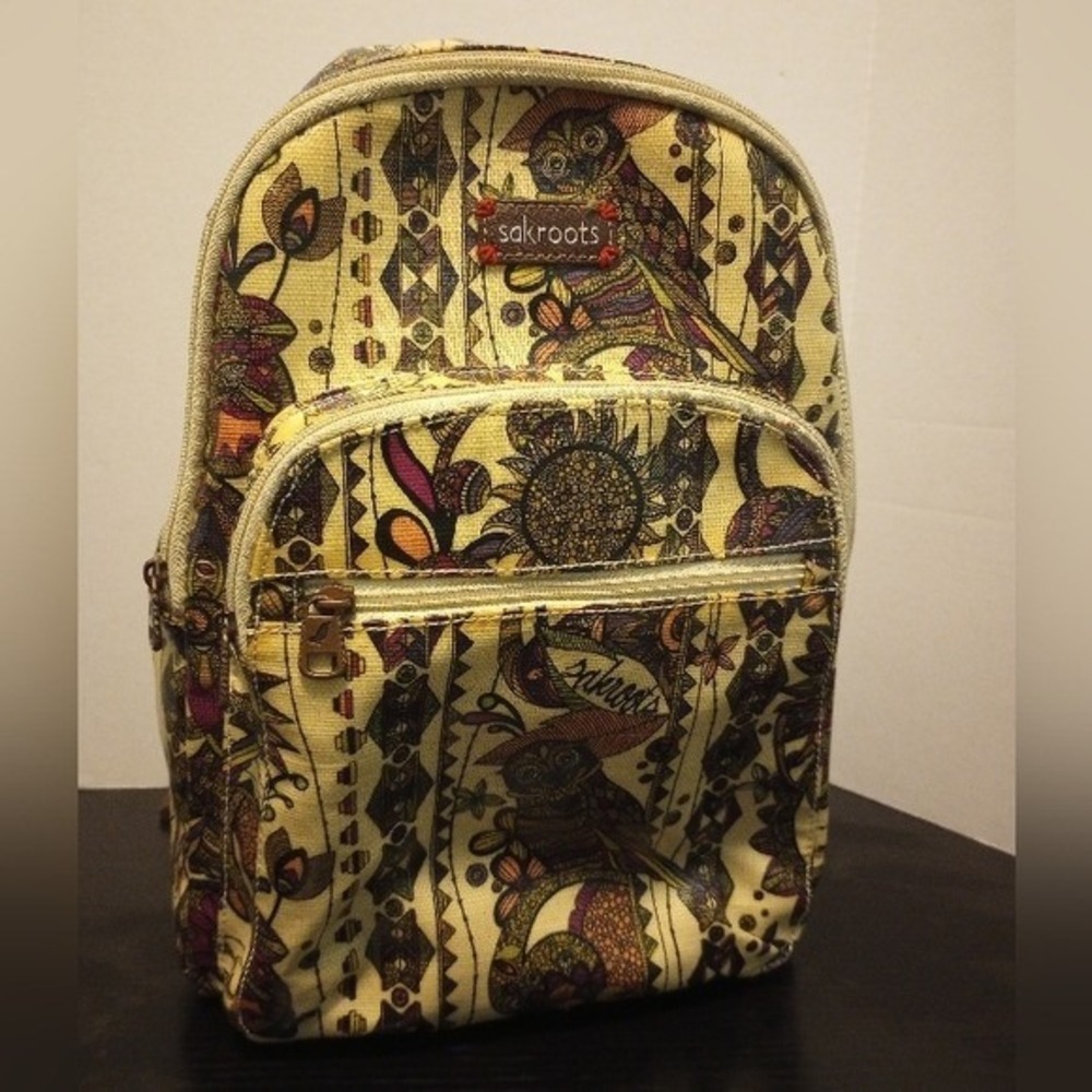 Sakroots Backpack‎ Small Tan Multi Owl Floral Festival Everyday Cute Bag
